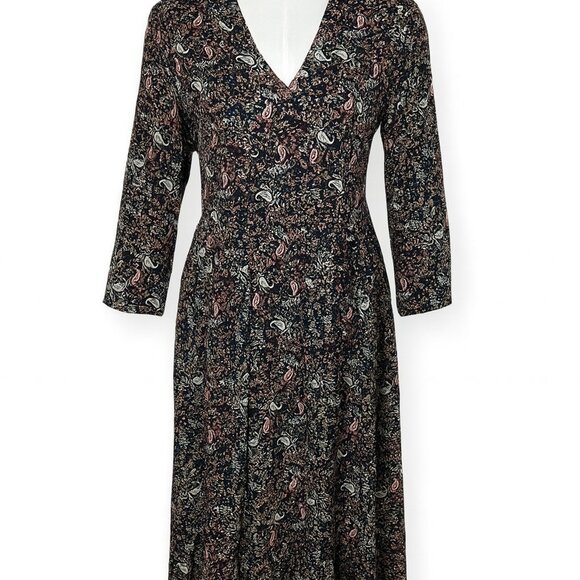 J.Jill Floral Paisley Midi Length Dress Long Sleeved VNeck Ditzy Black Size XS - Picture 1 of 7